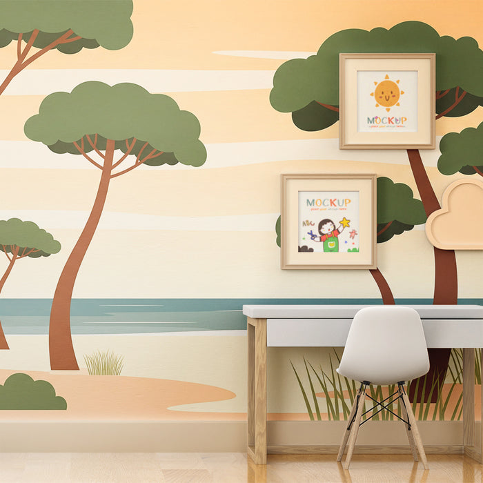 Carta da parati camera bambini | Foresta tropicale con alberi stilizzati e oceano rilassante