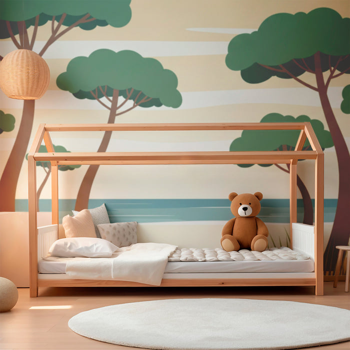 Carta da parati camera bambini | Foresta tropicale con alberi stilizzati e oceano rilassante
