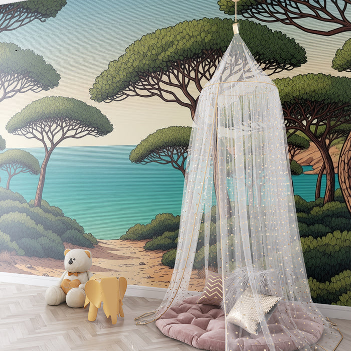 Lastenhuoneen tapetti | Trooppinen metsä merinäköalalla