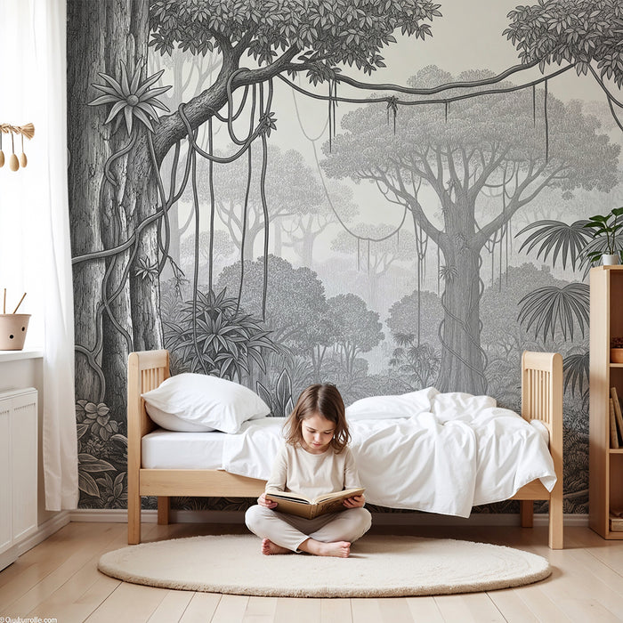 Papier peint chambre enfant | Forêt tropicale en noir et blanc avec détails botaniques