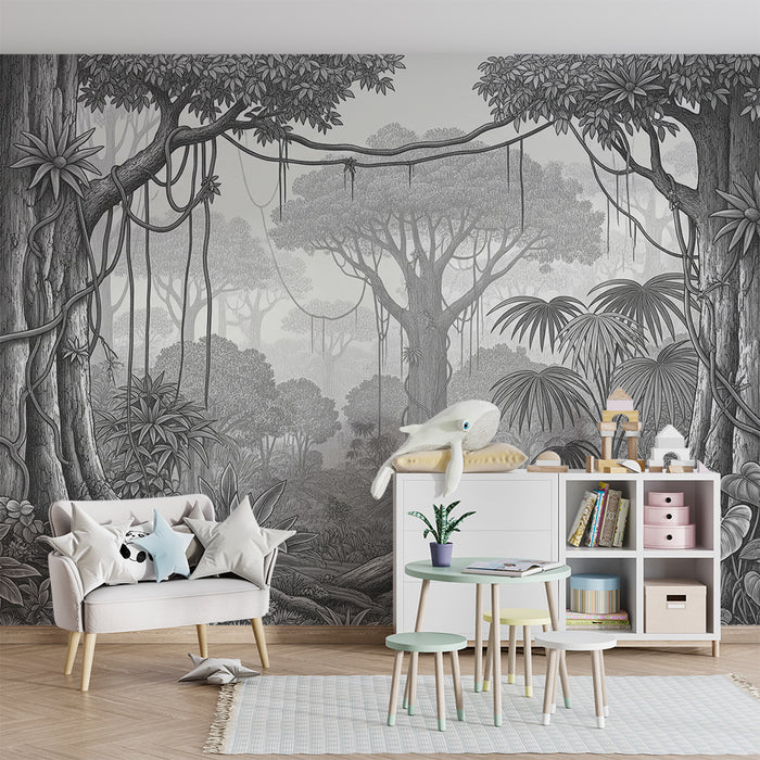 Papier peint chambre enfant | Forêt tropicale en noir et blanc avec détails botaniques