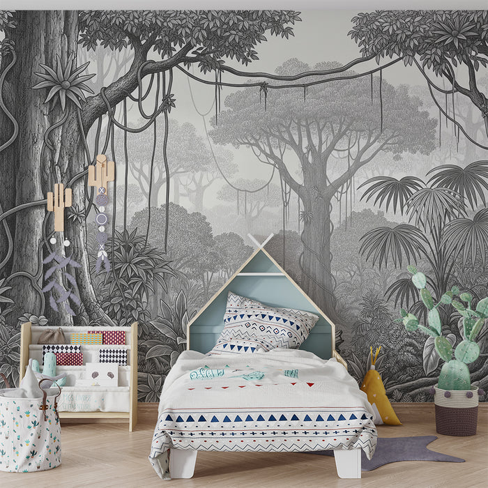 Papier peint chambre enfant | Forêt tropicale en noir et blanc avec détails botaniques