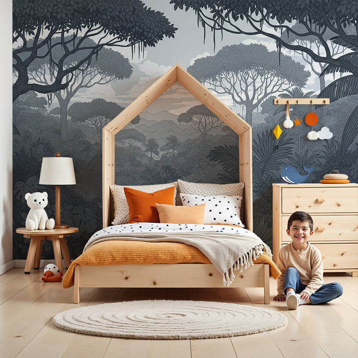 Papier peint chambre enfant | Forêt tropicale en nuances de gris
