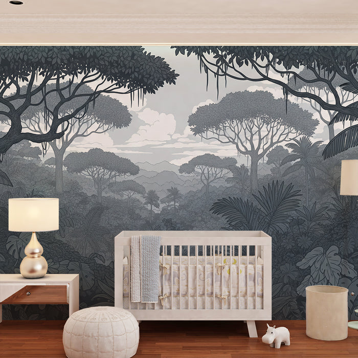 Papier peint chambre enfant | Forêt tropicale en nuances de gris