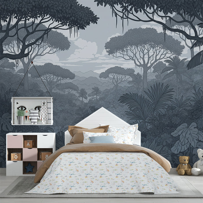 Papier peint chambre enfant | Forêt tropicale en nuances de gris