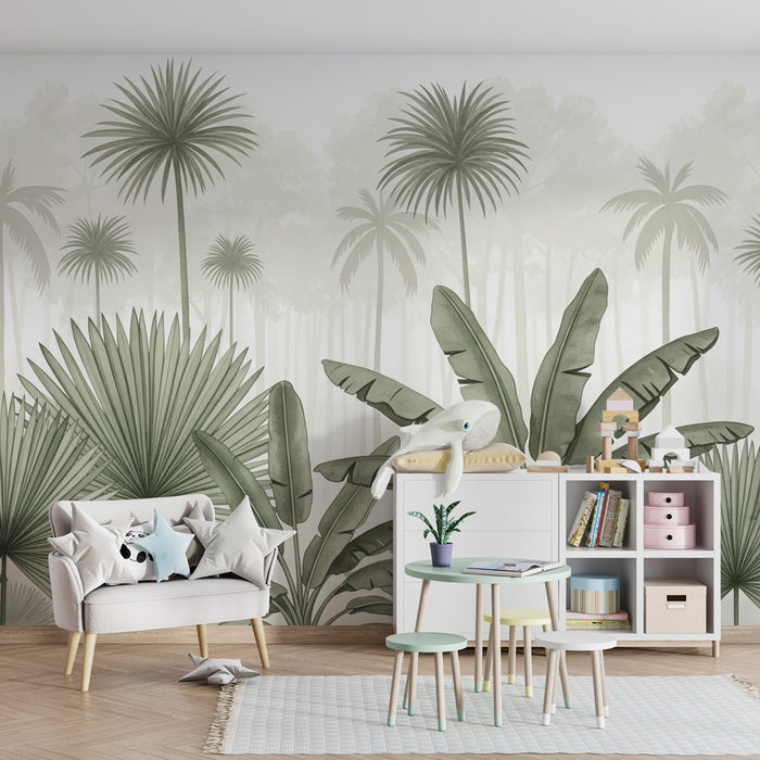 Papel pintado infantil | Selva tropical en tonos verdes