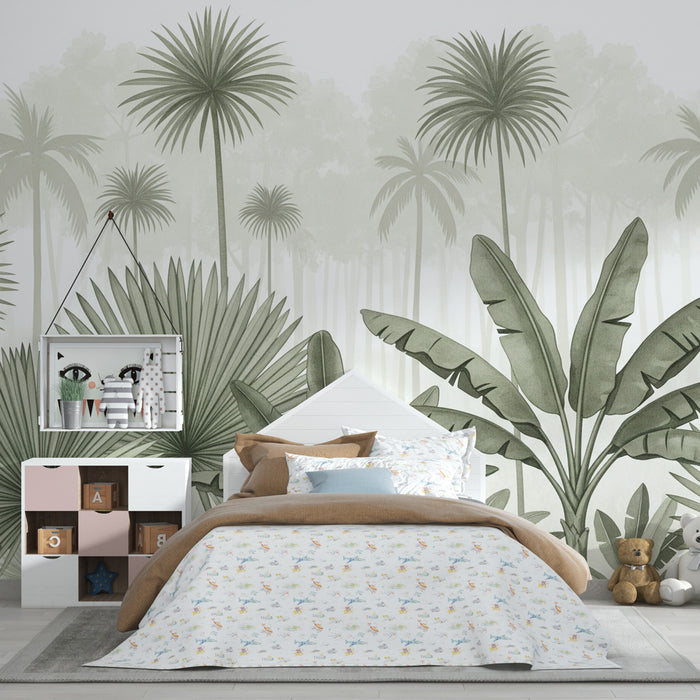 Papel pintado infantil | Selva tropical en tonos verdes