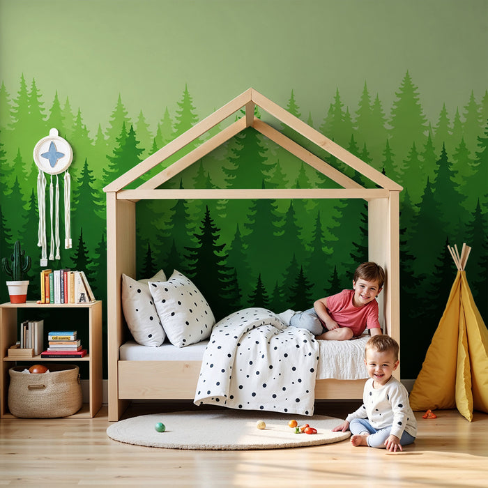 Kinderzimmer Tapete | Grüner Wald mit majestätischen Tannen