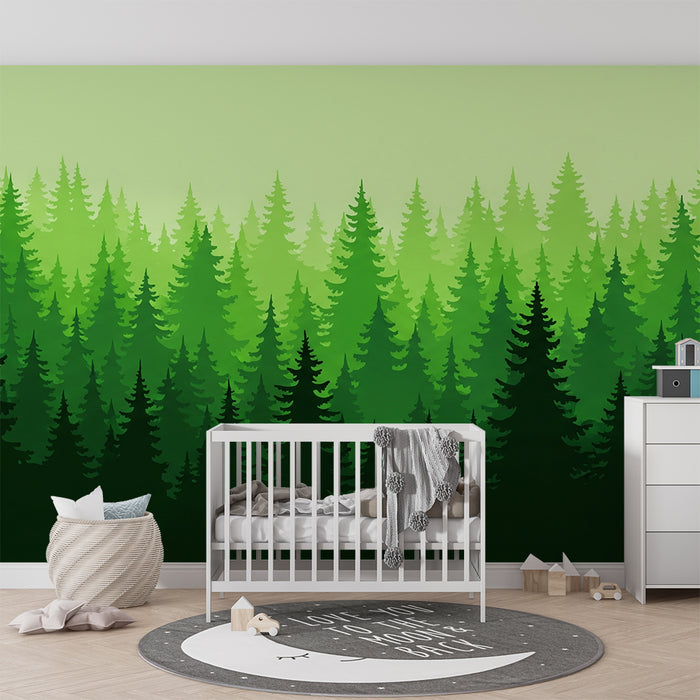 Kinderzimmer Tapete | Grüner Wald mit majestätischen Tannen