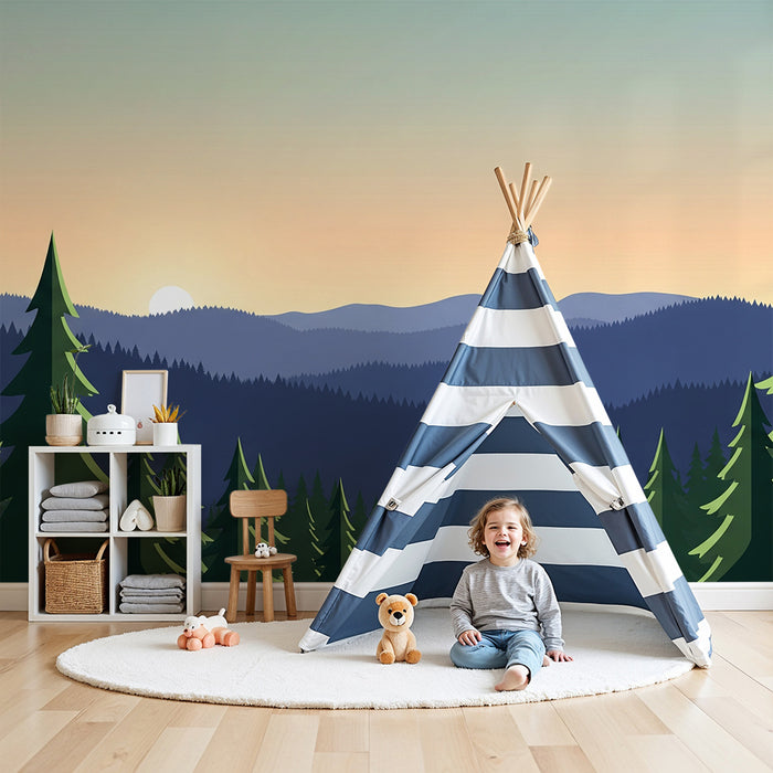 Carta da parati bambini | Foresta verde e blu all'alba