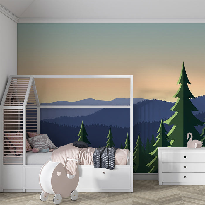 Carta da parati bambini | Foresta verde e blu all'alba