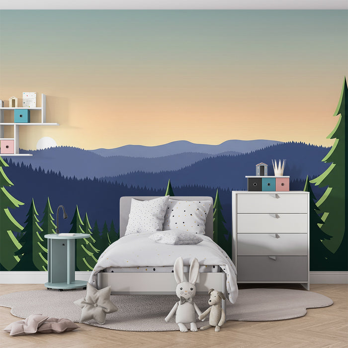 Carta da parati bambini | Foresta verde e blu all'alba