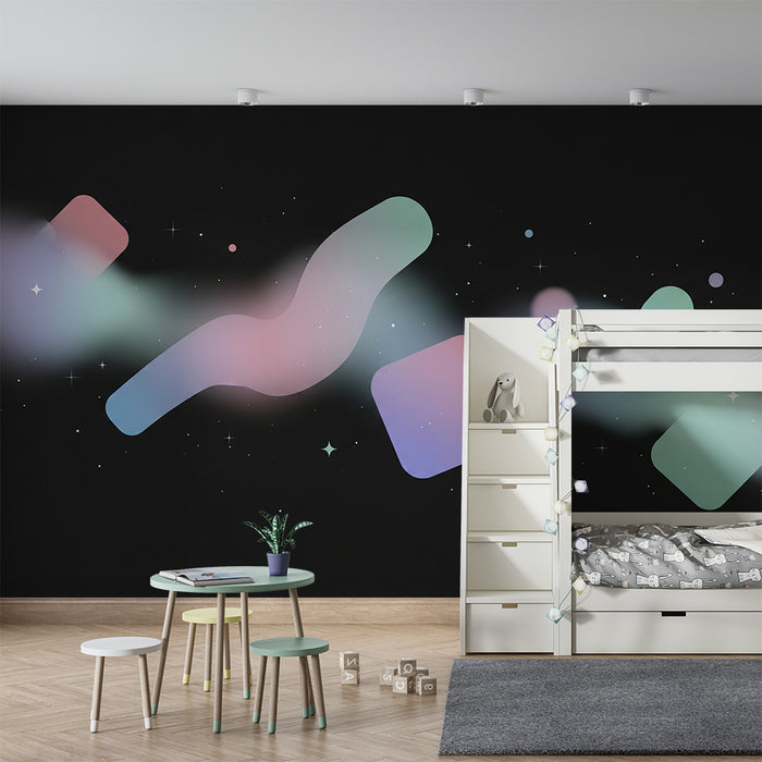 Papel de parede criança | Formas abstratas e cores pastel em fundo preto