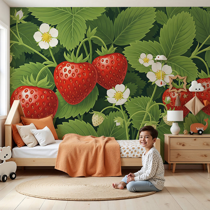 Barnrumspapper | Saftiga jordgubbar och vita blommor