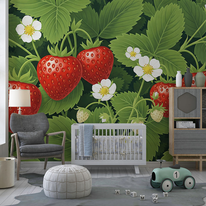 Barnrumspapper | Saftiga jordgubbar och vita blommor