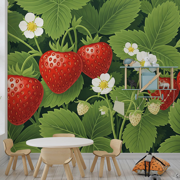 Barnrumspapper | Saftiga jordgubbar och vita blommor