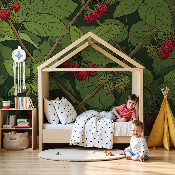 Children's bedroom wallpaper | Raspberries and lush foliage