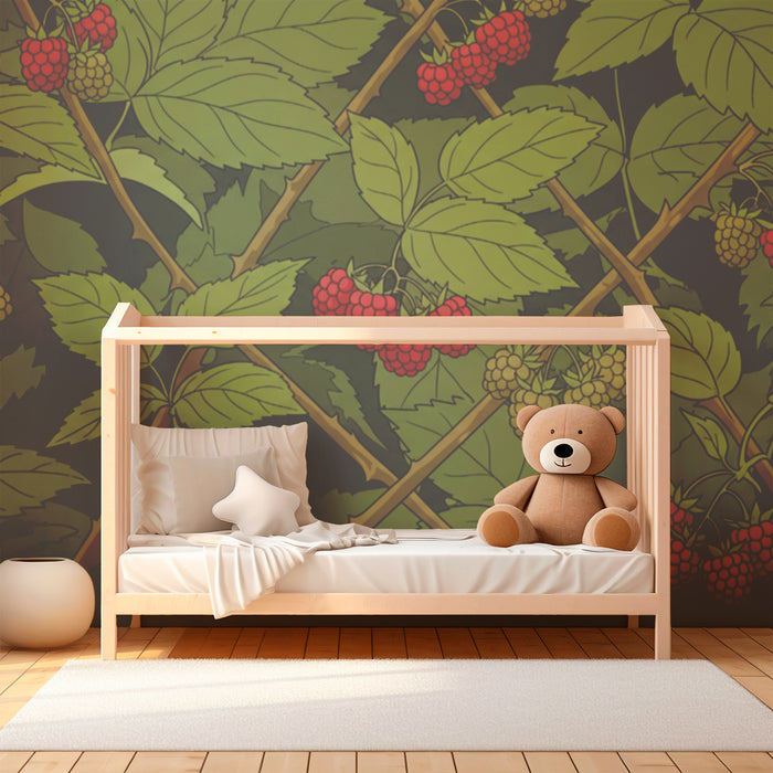 Children's bedroom wallpaper | Raspberries and lush foliage