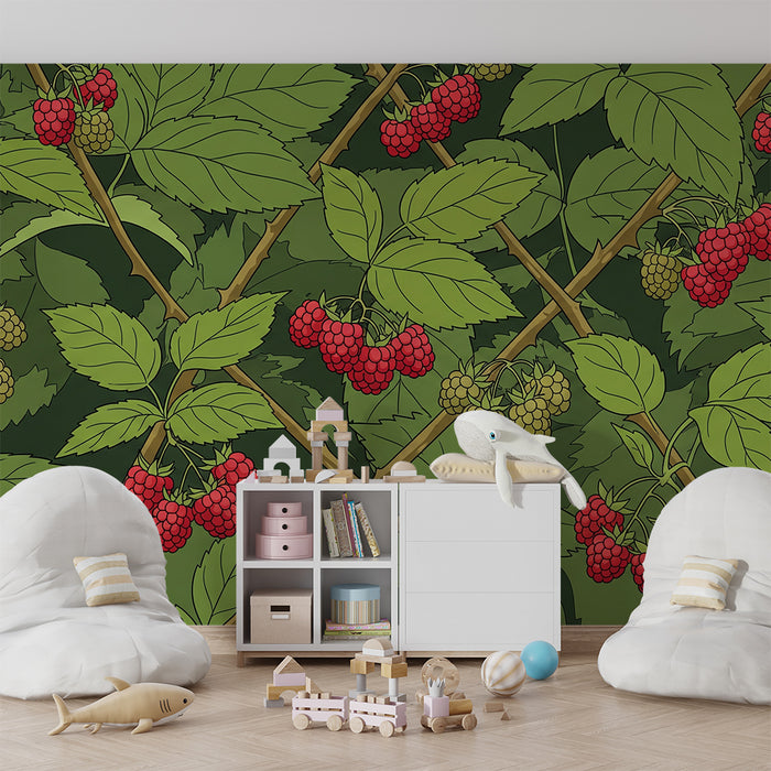 Children's bedroom wallpaper | Raspberries and lush foliage