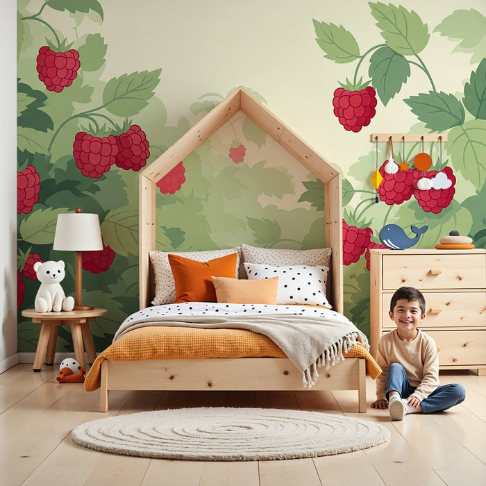 Behang kinderkamer | Sappige frambozen en groen blad