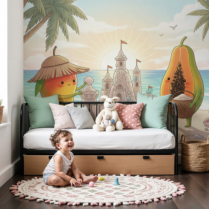 Behang kinderkamer | Vrolijk fruit bouwt een zandkasteel op het strand