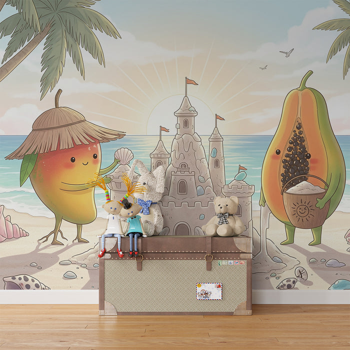 Behang kinderkamer | Vrolijk fruit bouwt een zandkasteel op het strand
