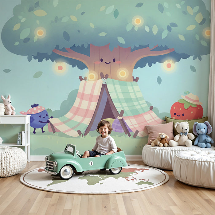 Behang kinderkamer | Vrolijke hut van fruit onder een vrolijke boom