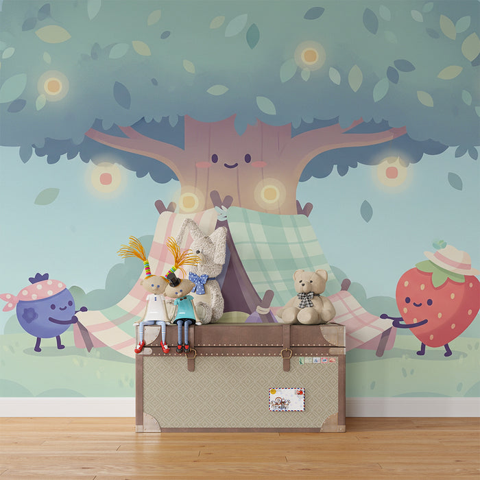 Behang kinderkamer | Vrolijke hut van fruit onder een vrolijke boom