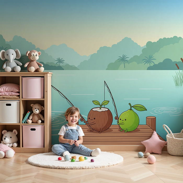 Behang kinderkamer | Speelse perziken op een rustig meer
