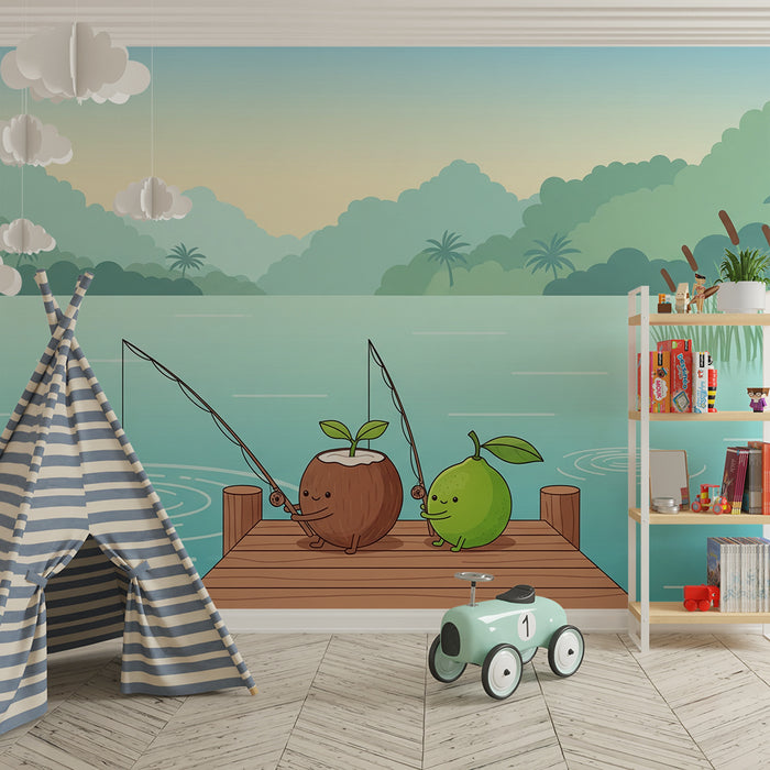 Behang kinderkamer | Speelse perziken op een rustig meer