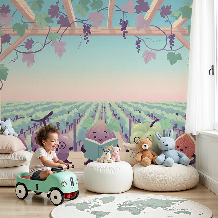 Kids' Room Wallpaper | Playful Fruit Characters Reading in a Vineyard