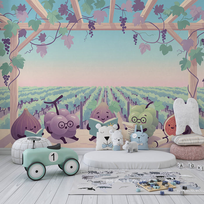 Kids' Room Wallpaper | Playful Fruit Characters Reading in a Vineyard