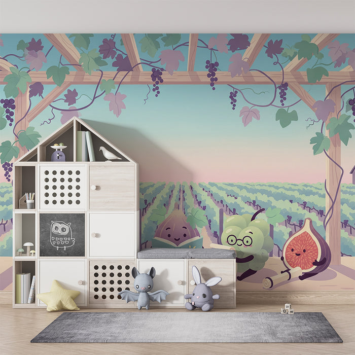 Kids' Room Wallpaper | Playful Fruit Characters Reading in a Vineyard