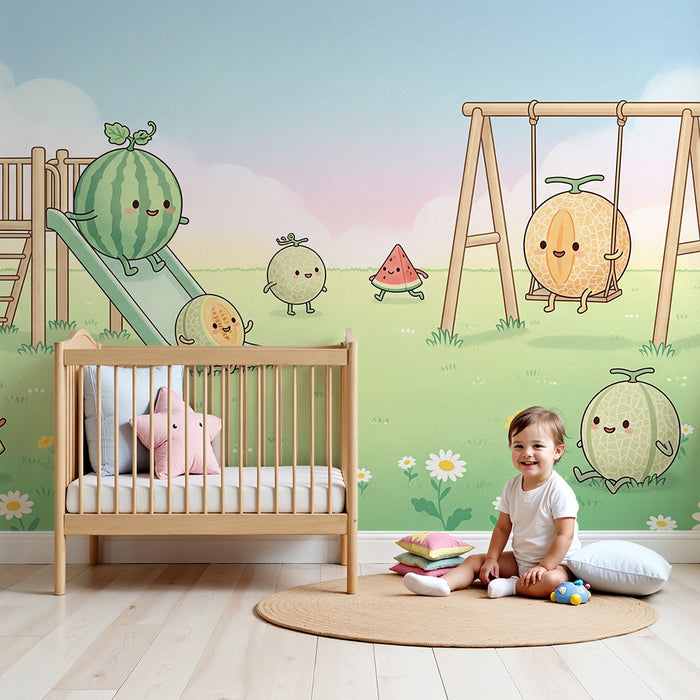 Behang kinderkamer | Speelse vruchten in het park