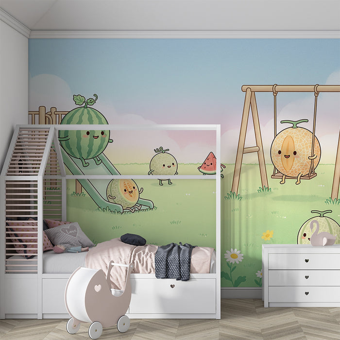 Behang kinderkamer | Speelse vruchten in het park
