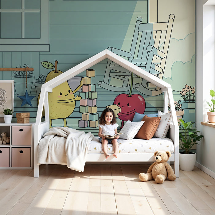 Behang kinderkamer | Vrolijk fruit dat samen speelt op een veranda