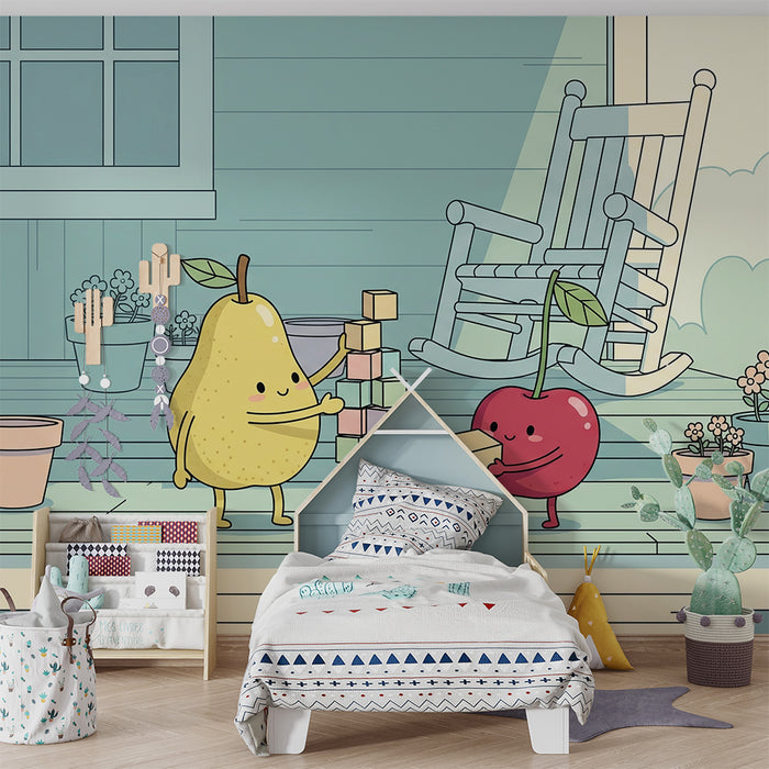 Behang kinderkamer | Vrolijk fruit dat samen speelt op een veranda