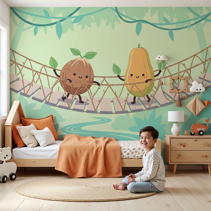 Kids' Room Wallpaper | Playful Fruits on a Jungle Suspension Bridge