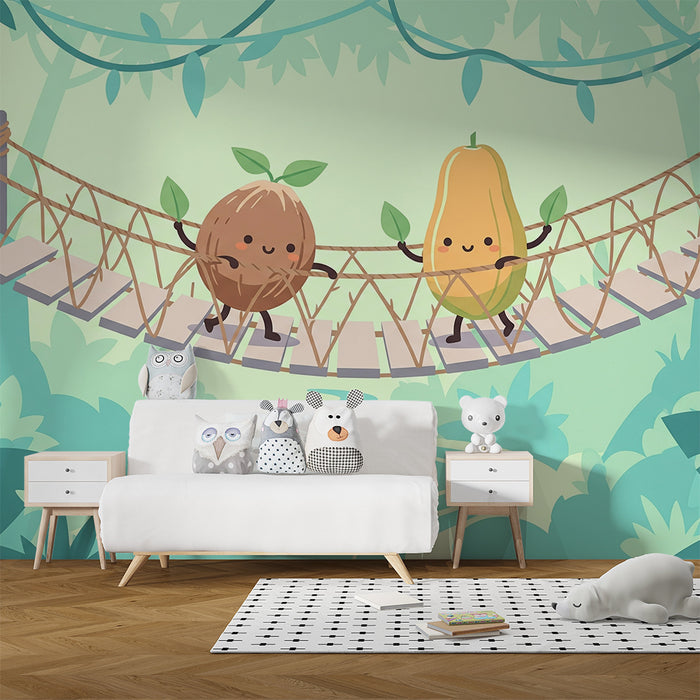 Kids' Room Wallpaper | Playful Fruits on a Jungle Suspension Bridge