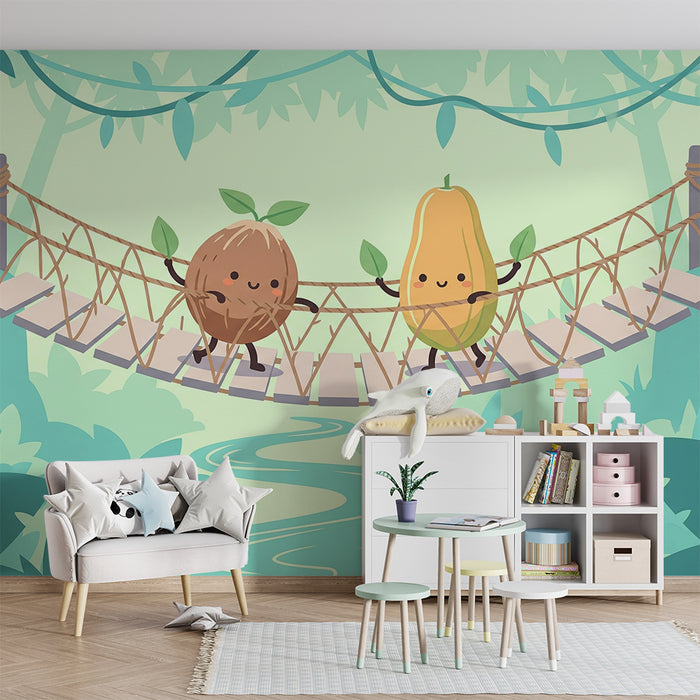Kids' Room Wallpaper | Playful Fruits on a Jungle Suspension Bridge