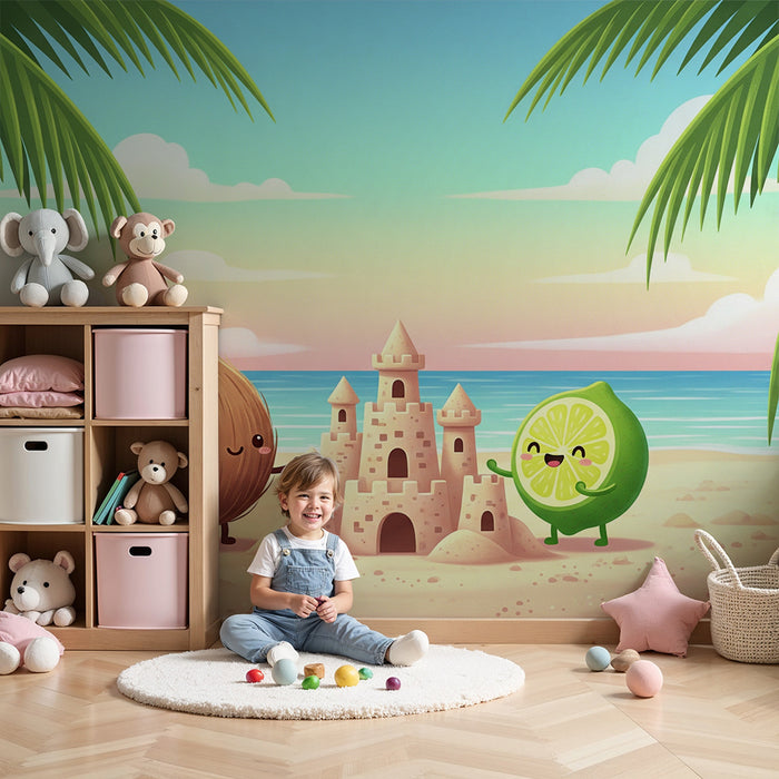 Kinderzimmer-Tapete | Fröhliche Früchte bauen eine Sandburg am Strand