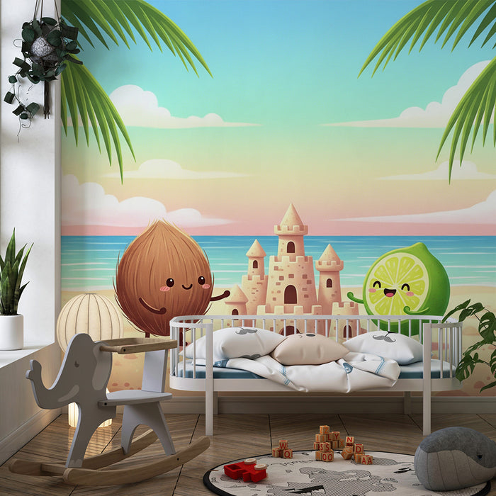 Kinderzimmer-Tapete | Fröhliche Früchte bauen eine Sandburg am Strand