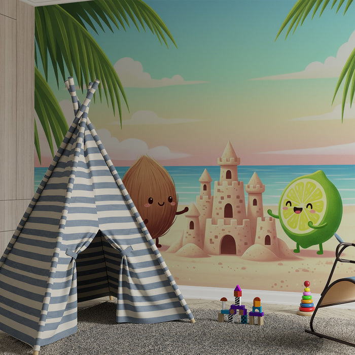 Kinderzimmer-Tapete | Fröhliche Früchte bauen eine Sandburg am Strand