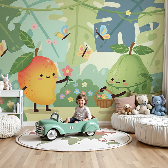 Papel de parede para quarto de criança | Frutos alegres num jardim colorido com borboletas