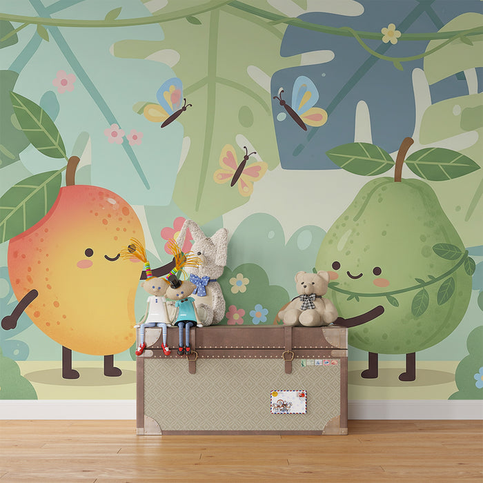 Papel de parede para quarto de criança | Frutos alegres num jardim colorido com borboletas