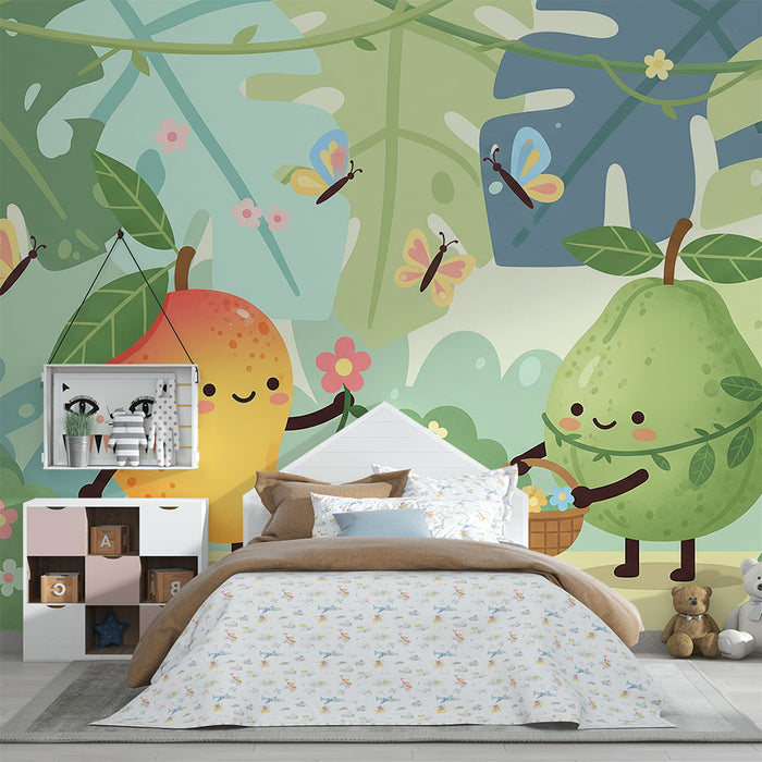 Papel de parede para quarto de criança | Frutos alegres num jardim colorido com borboletas