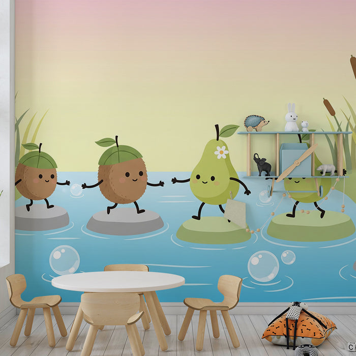 Papel de parede para quarto de criança | Frutas alegres numa paisagem aquática