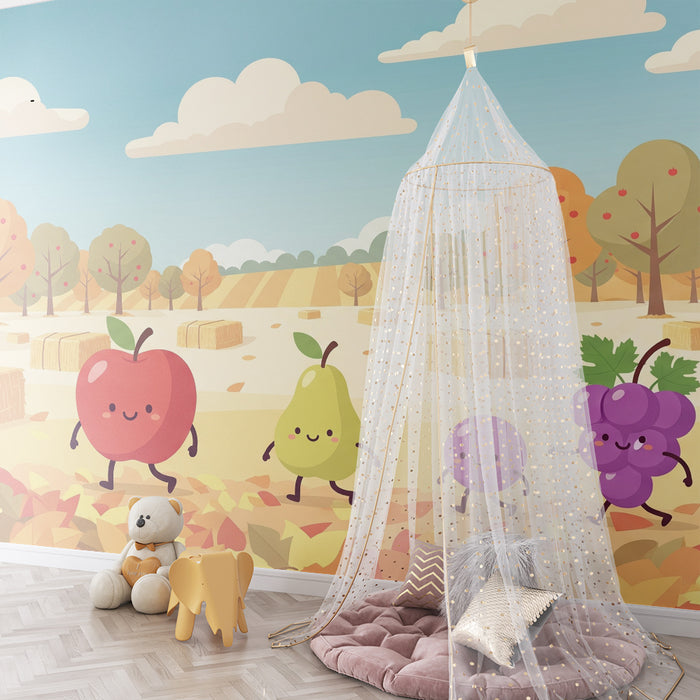 Papel de parede para quarto de criança | Frutas alegres numa paisagem de outono