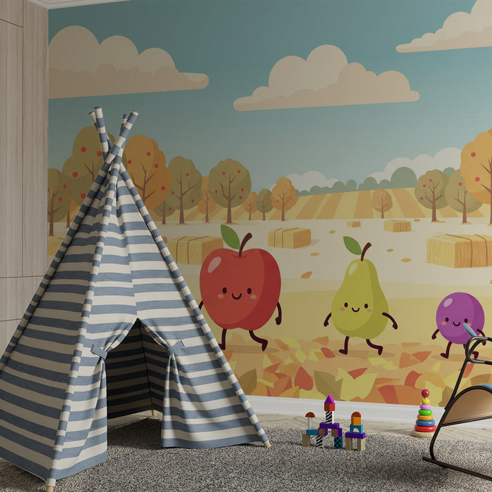 Papel de parede para quarto de criança | Frutas alegres numa paisagem de outono