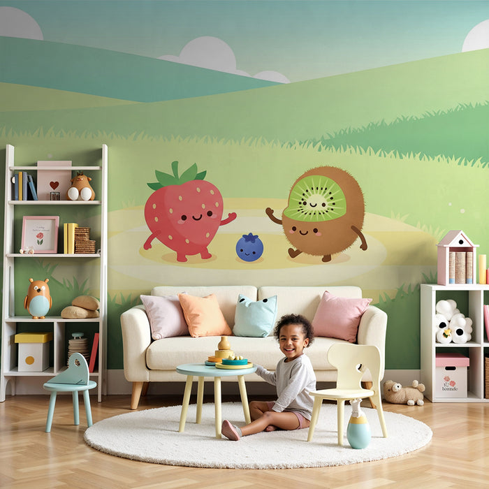Papel de parede para quarto de criança | Frutas alegres numa paisagem ensolarada